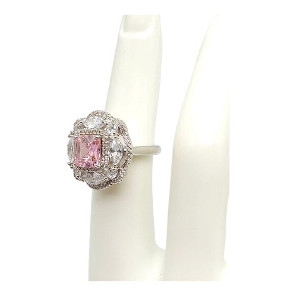 Pink Crystal Cushion Cut Pave Rhinestone Flower Cocktail Ring Silver Tone VTG 5 - Picture 6 of 6